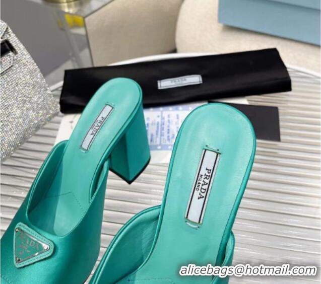 Good Quality Prada Logo Silk High Heel Slide Sandals 8.5cm Green 082674