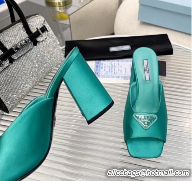 Good Quality Prada Logo Silk High Heel Slide Sandals 8.5cm Green 082674