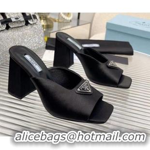 Top Design Prada Logo Silk High Heel Slide Sandals 8.5cm Black 2082676