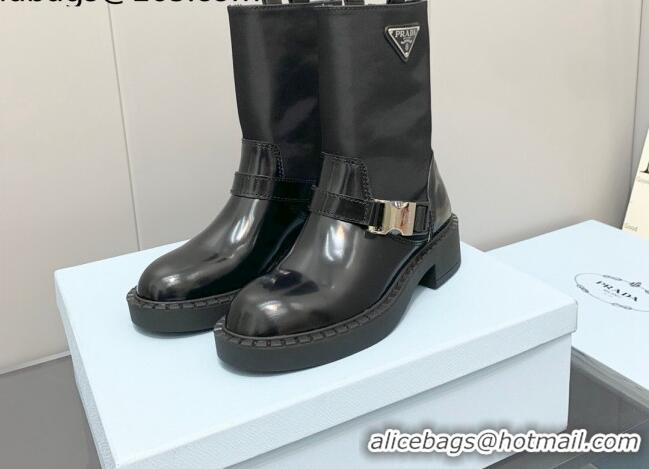 Stylish Prada Brushed Leather and Re-Nylon Ankle Boots Black 1U682M