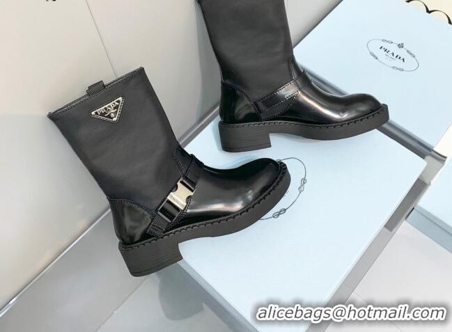 Stylish Prada Brushed Leather and Re-Nylon Ankle Boots Black 1U682M