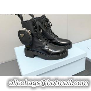 Sumptuous Prada Brushed Leather and Nylon Lace-up Ankle Boots with Pouch Black 082682