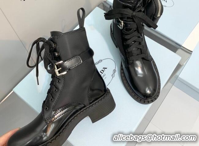 Sumptuous Prada Brushed Leather and Nylon Lace-up Ankle Boots with Pouch Black 082682