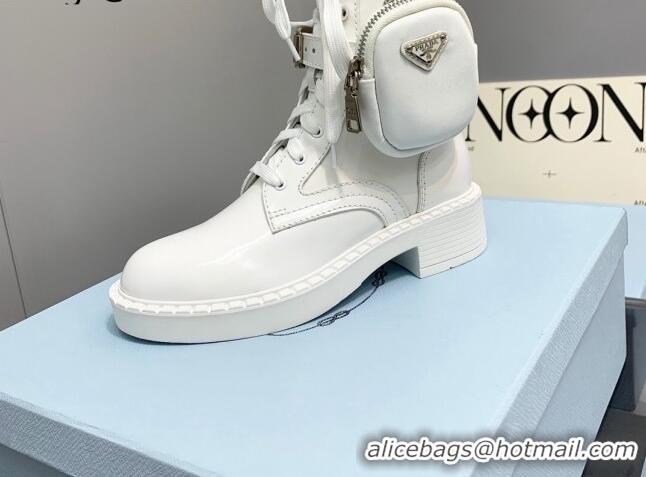 Grade Quality Prada Brushed Leather and Nylon Lace-up Ankle Boots with Pouch White 082683