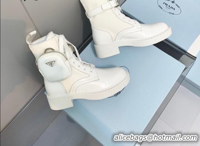 Grade Quality Prada Brushed Leather and Nylon Lace-up Ankle Boots with Pouch White 082683