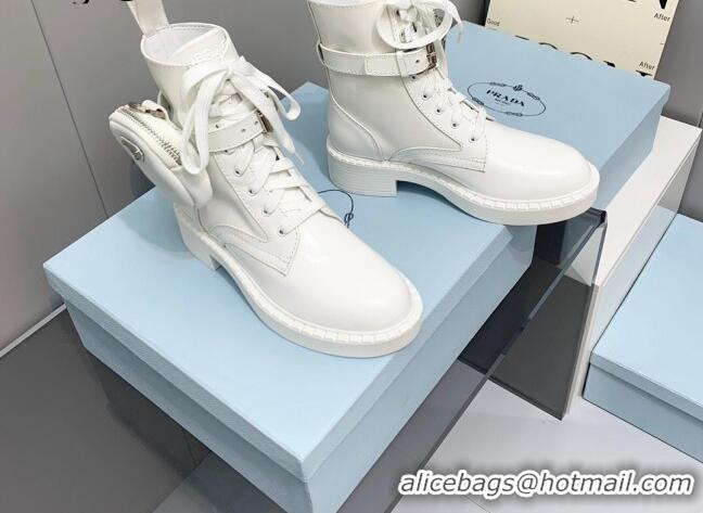 Grade Quality Prada Brushed Leather and Nylon Lace-up Ankle Boots with Pouch White 082683