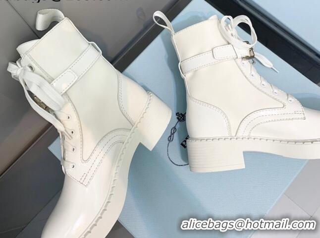 Grade Quality Prada Brushed Leather and Nylon Lace-up Ankle Boots with Pouch White 082683