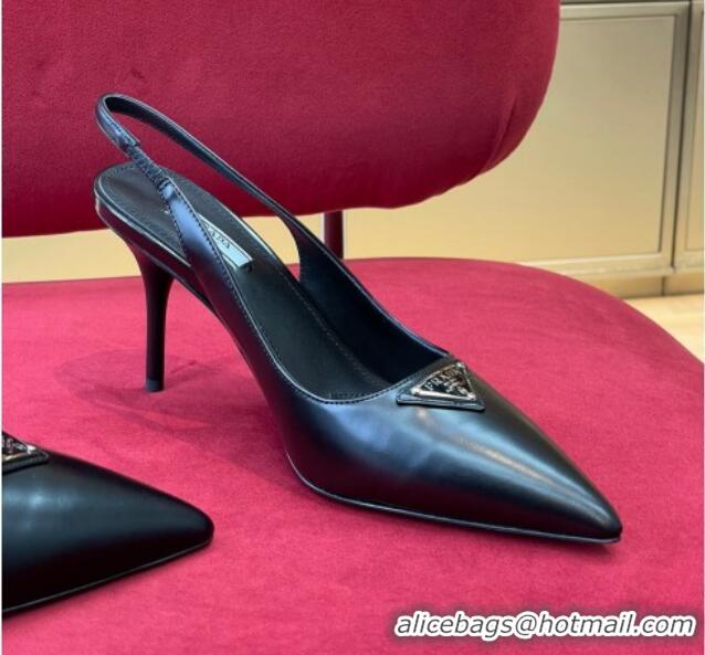 Best Grade Prada Brushed Leather Slingback Pumps 6.5cm Black 0909120