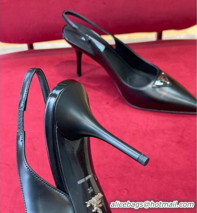 Best Grade Prada Brushed Leather Slingback Pumps 6.5cm Black 0909120