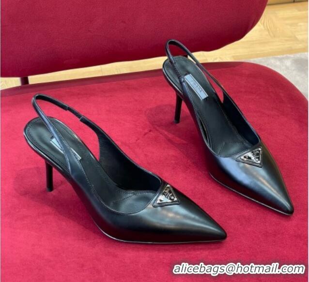 Best Grade Prada Brushed Leather Slingback Pumps 6.5cm Black 0909120