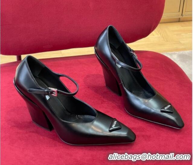 Low Price Prada Brush Leather Pointed Pumps with Slanted Heel 9.5cm Black 0909121