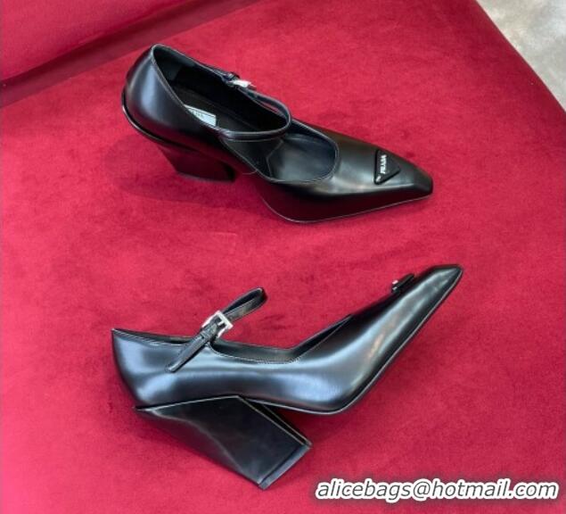 Low Price Prada Brush Leather Pointed Pumps with Slanted Heel 9.5cm Black 0909121