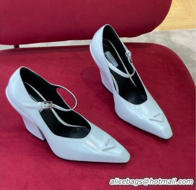 Low Cost Prada Brush Leather Pointed Pumps with Slanted Heel 9.5cm 0909121 White