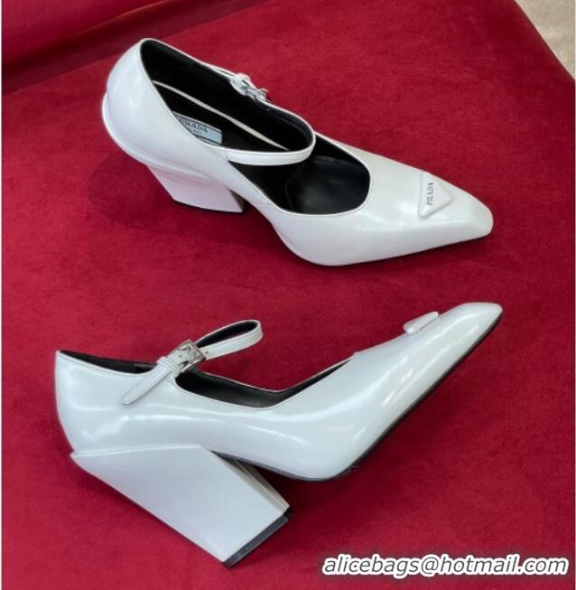 Low Cost Prada Brush Leather Pointed Pumps with Slanted Heel 9.5cm 0909121 White