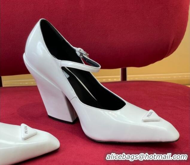 Low Cost Prada Brush Leather Pointed Pumps with Slanted Heel 9.5cm 0909121 White