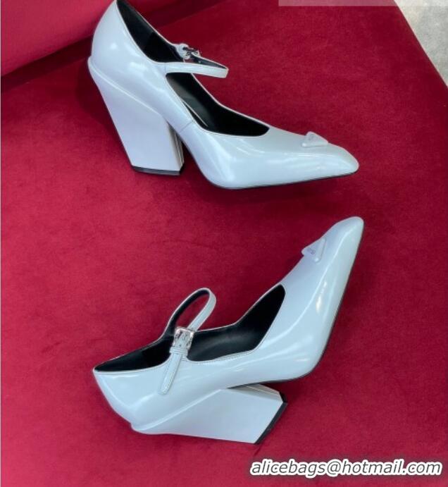 Low Cost Prada Brush Leather Pointed Pumps with Slanted Heel 9.5cm 0909121 White