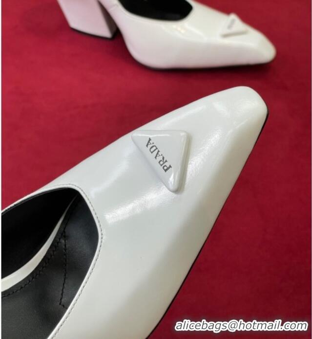 Low Cost Prada Brush Leather Pointed Pumps with Slanted Heel 9.5cm 0909121 White