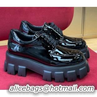 Popular Style Prada Monolith Patent Leather Lace-up Shoes Black 0909125