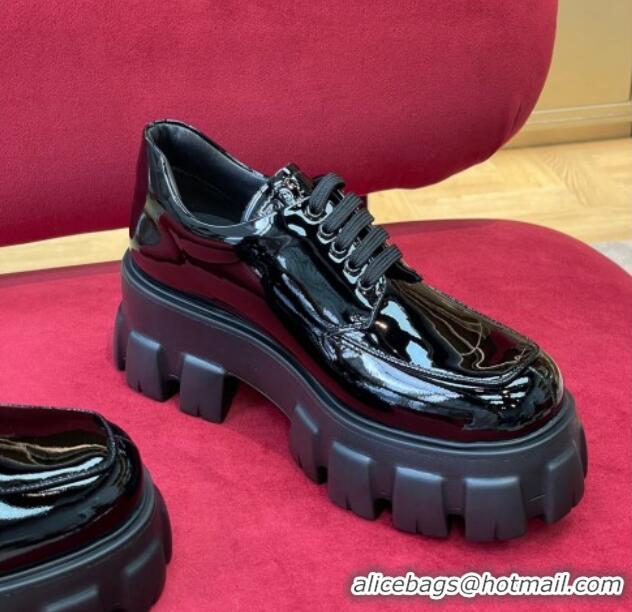 Popular Style Prada Monolith Patent Leather Lace-up Shoes Black 0909125