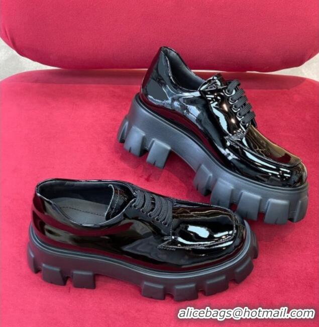 Popular Style Prada Monolith Patent Leather Lace-up Shoes Black 0909125