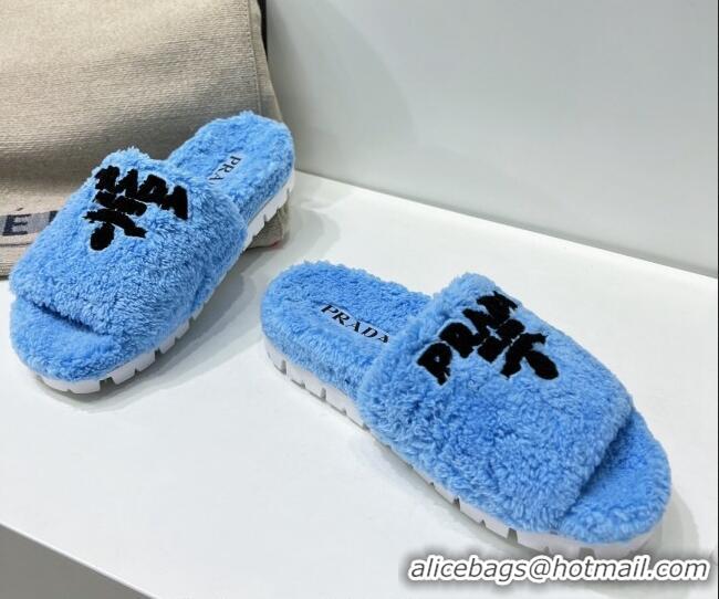 Classic Hot Prada Terry Cloth Flat Slide Sandals Blue 909126