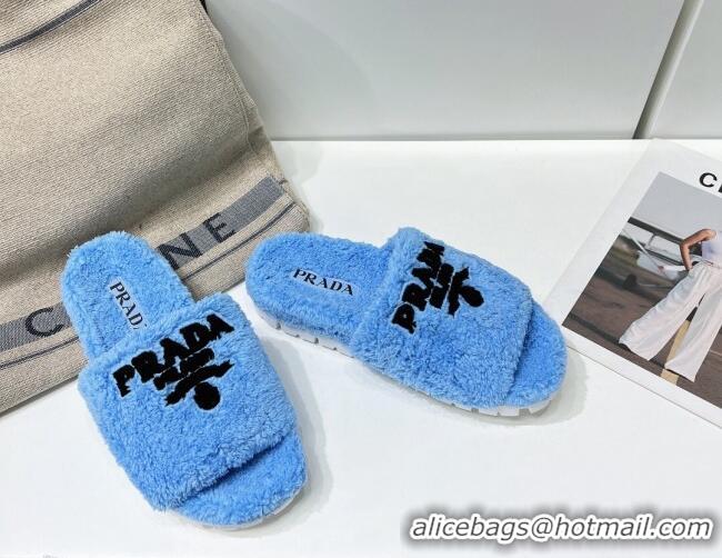 Classic Hot Prada Terry Cloth Flat Slide Sandals Blue 909126