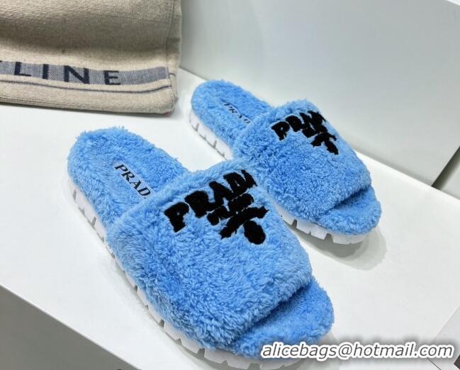 Classic Hot Prada Terry Cloth Flat Slide Sandals Blue 909126