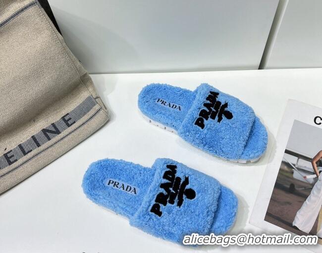 Classic Hot Prada Terry Cloth Flat Slide Sandals Blue 909126