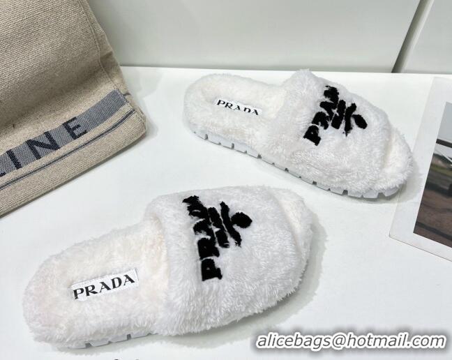 Generous Prada Terry Cloth Flat Slide Sandals 909126 White