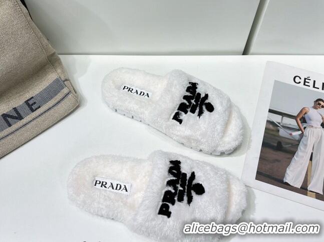 Generous Prada Terry Cloth Flat Slide Sandals 909126 White