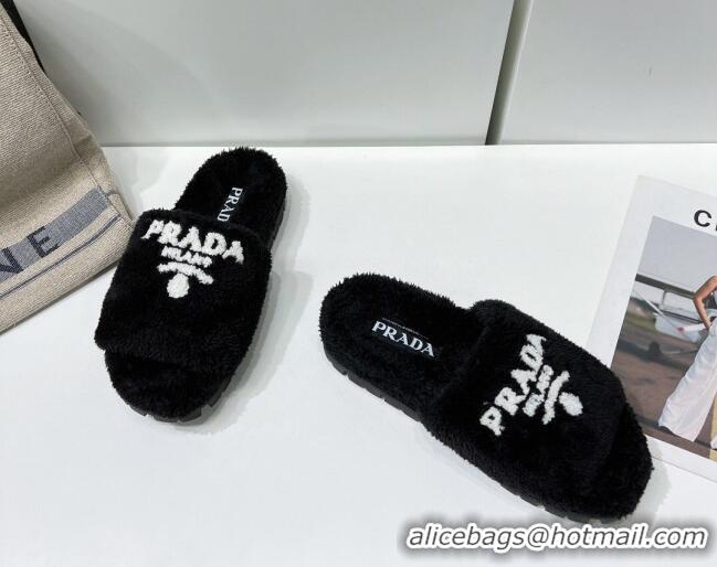 Top Design Prada Terry Cloth Flat Slide Sandals 909126 Black