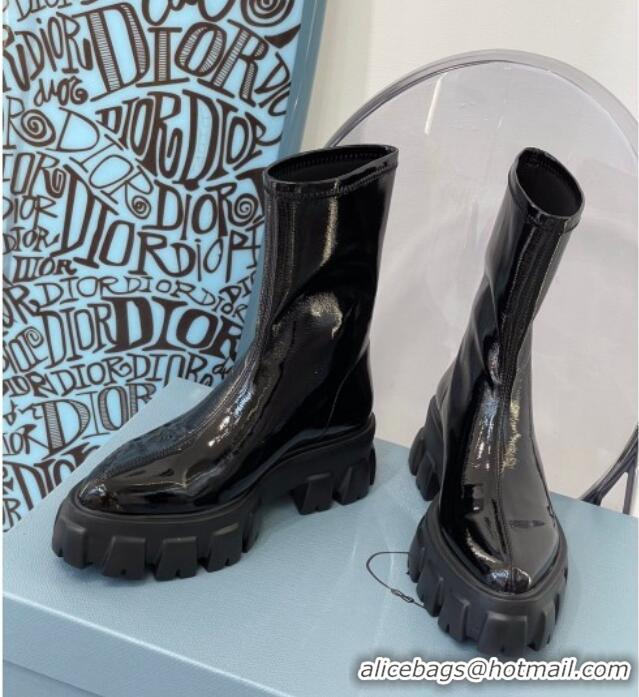 Fashion Prada Stretch Patent Leather Ankle Boots Black 010108