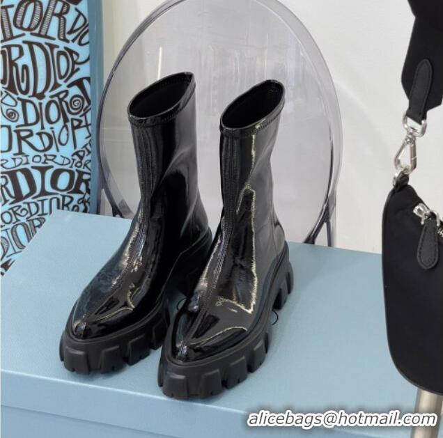 Fashion Prada Stretch Patent Leather Ankle Boots Black 010108