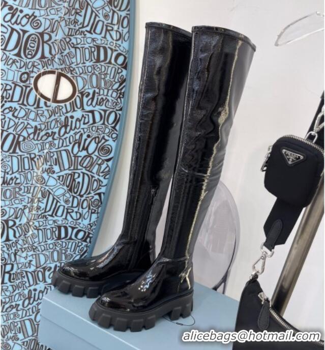 Top Grade Prada Stretch Patent Leather High Boots Black 010109