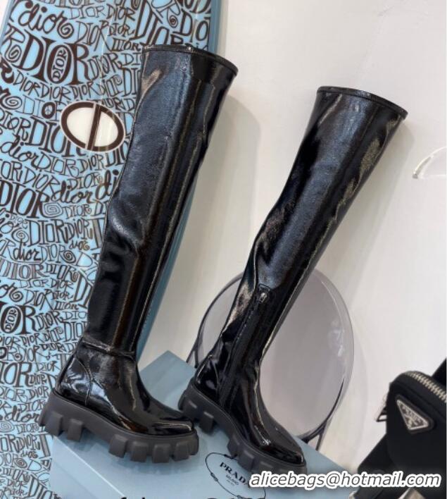 Top Grade Prada Stretch Patent Leather High Boots Black 010109