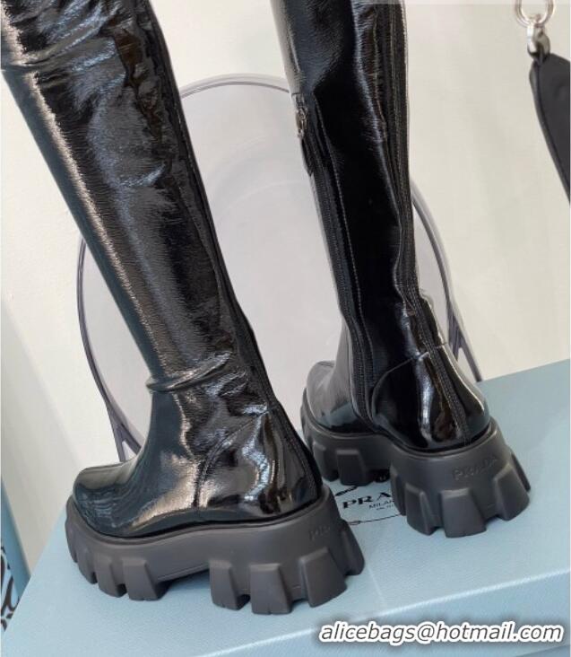 Top Grade Prada Stretch Patent Leather High Boots Black 010109