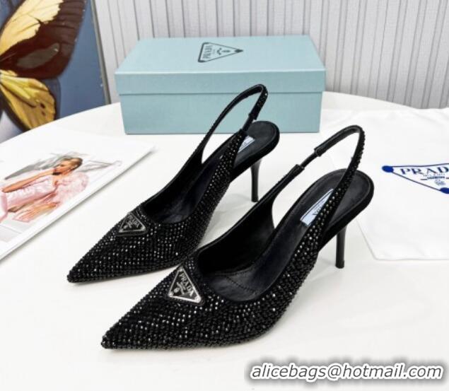 Luxury Discount Prada Crystal High Heel Slingback Pumps 8.5cm Black 2101109