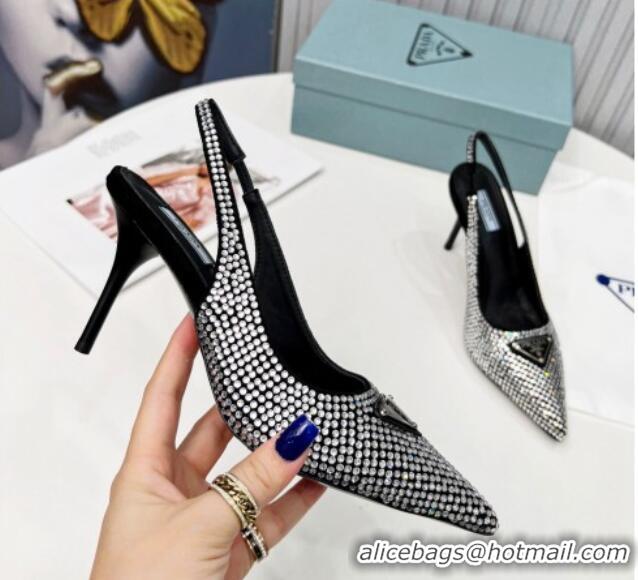 Popular Style Prada Crystal High Heel Slingback Pumps 8.5cm Silver 101110