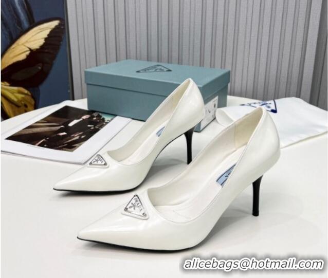 Hot Style Prada Brushed Leather High Heel Pumps 8.5cm White 101117