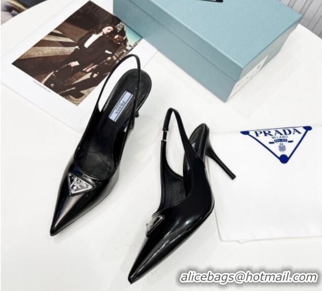 Good Quality Prada Brushed Leather High Heel Slingback Pumps 8.5cm Black 101119