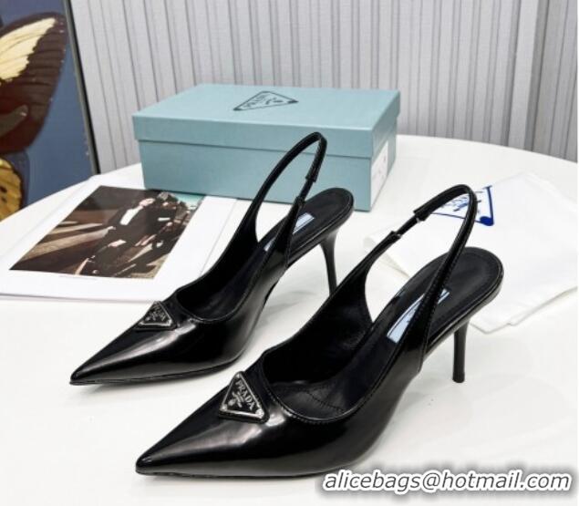 Good Quality Prada Brushed Leather High Heel Slingback Pumps 8.5cm Black 101119