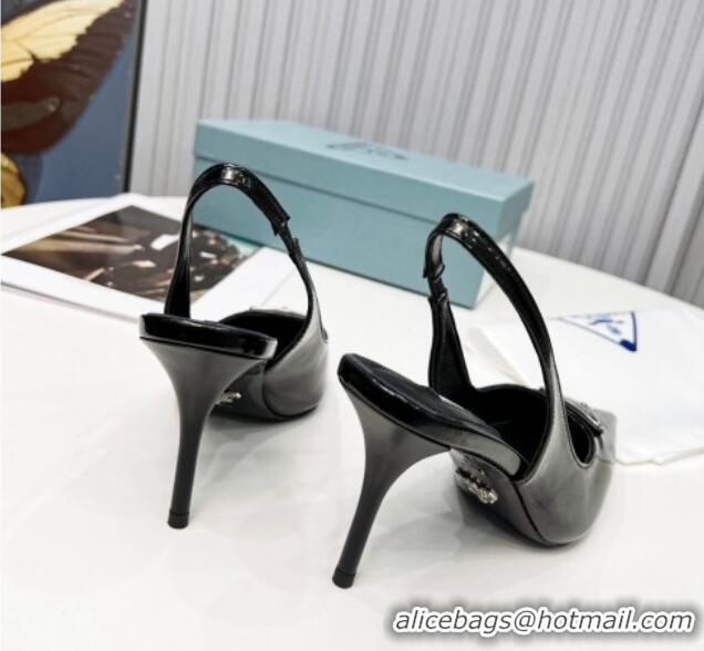 Good Quality Prada Brushed Leather High Heel Slingback Pumps 8.5cm Black 101119