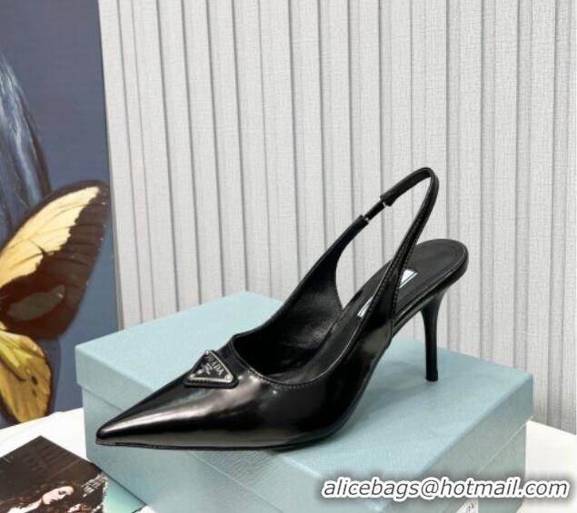 Good Quality Prada Brushed Leather High Heel Slingback Pumps 8.5cm Black 101119