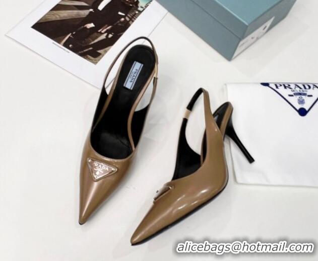 Best Grade Prada Brushed Leather High Heel Slingback Pumps 8.5cm Brown 101122