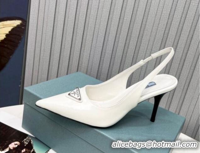 Stylish Prada Brushed Leather High Heel Slingback Pumps 8.5cm White 101123