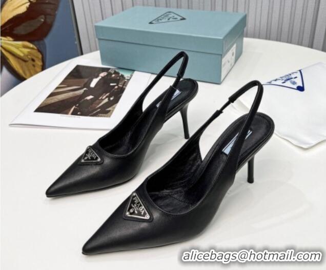 Classic Hot Prada Calfskin High Heel Slingback Pumps 8.5cm Black 101124