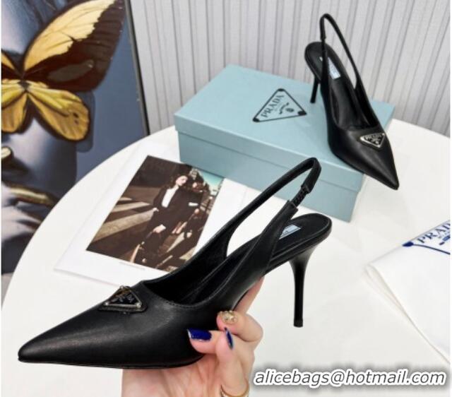 Classic Hot Prada Calfskin High Heel Slingback Pumps 8.5cm Black 101124