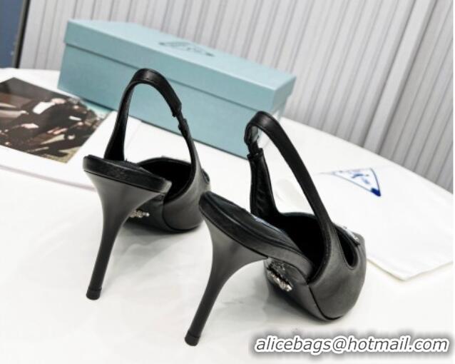 Classic Hot Prada Calfskin High Heel Slingback Pumps 8.5cm Black 101124