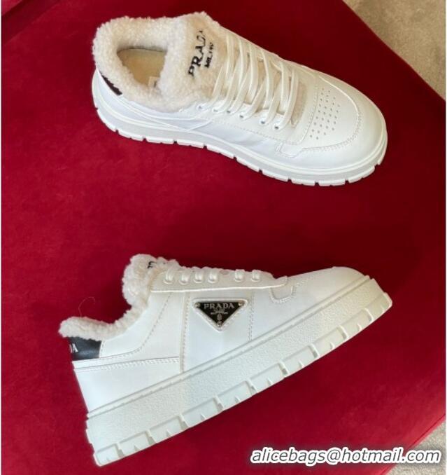 Grade Quality Prada Leather and Shearling Sneakers White 101464