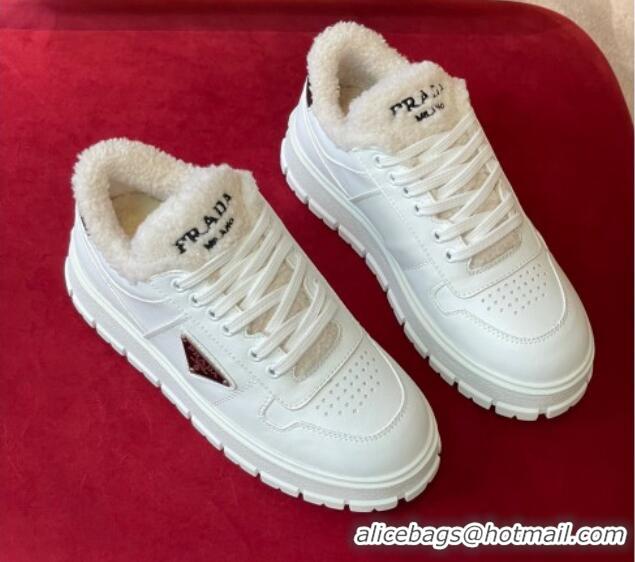 Grade Quality Prada Leather and Shearling Sneakers White 101464